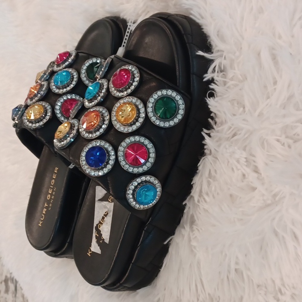 Kurt Geiger Rainbow Rhinestone Gem Crystal Leather Quilted Slip On Sandal New - Picture 6 of 15
